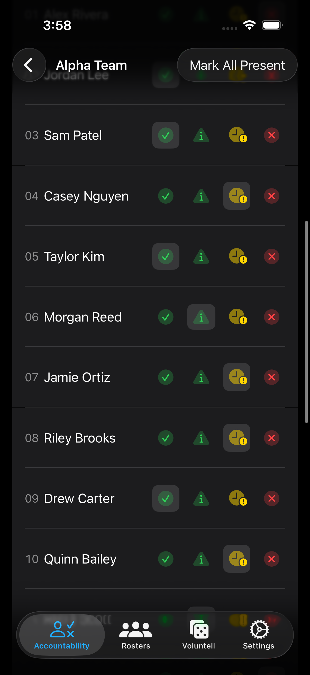 Accountability Go! session detail with icon-first attendance controls