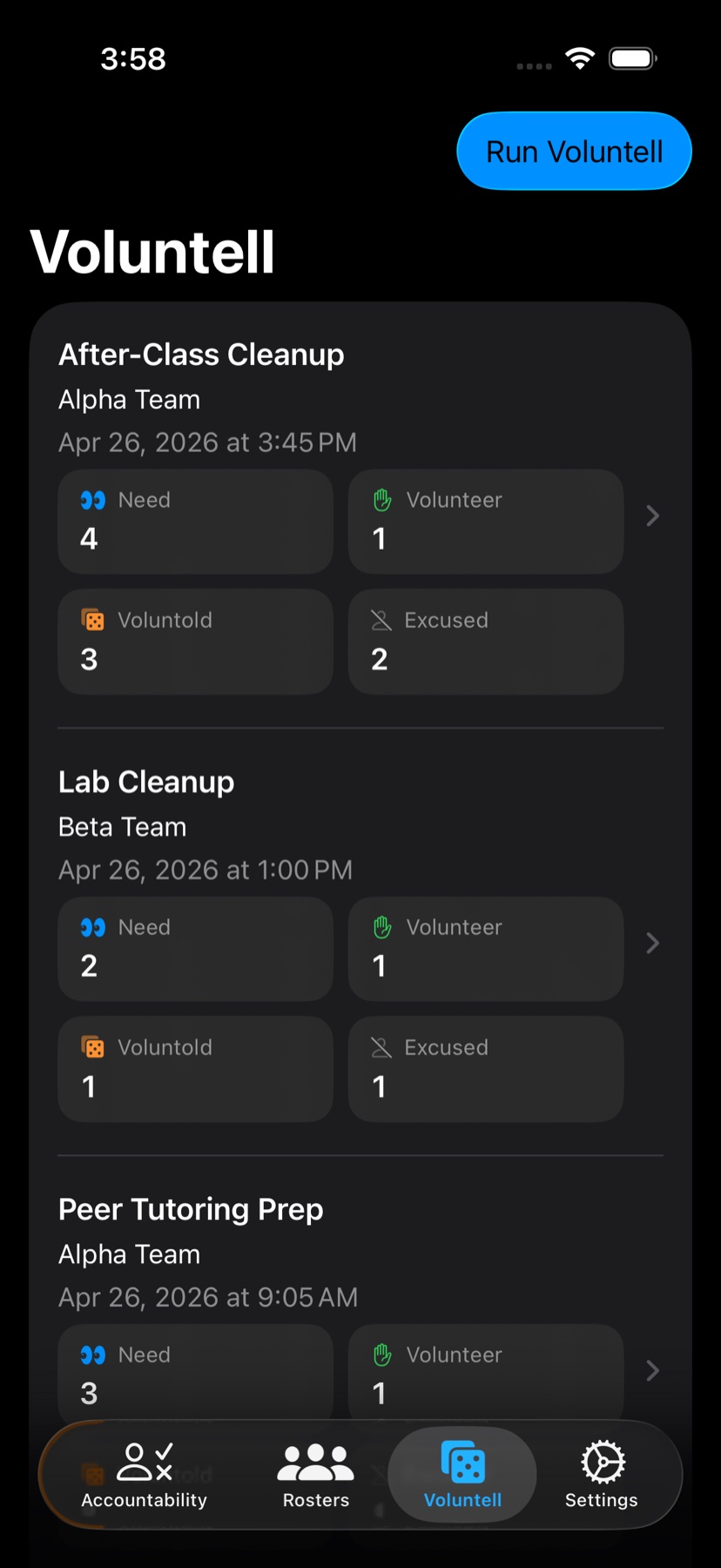 Voluntell draw history screen