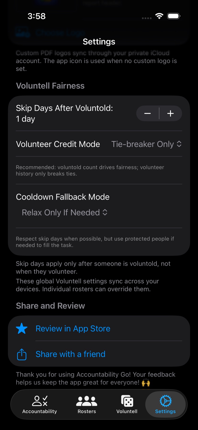 Voluntell fairness settings