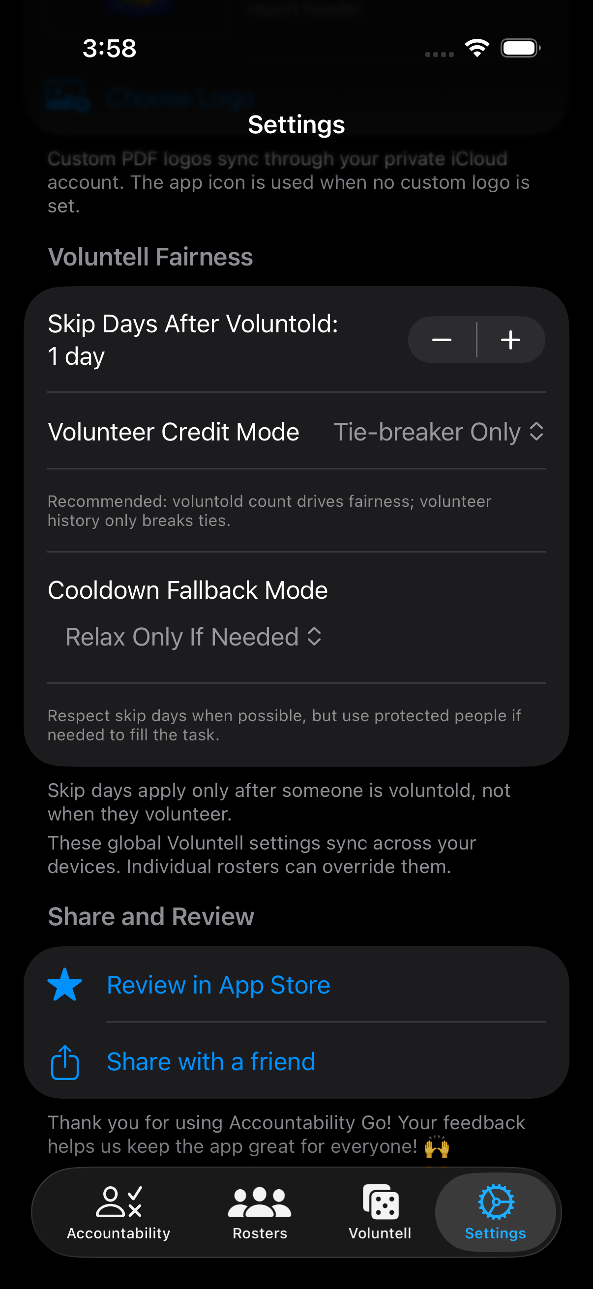 Voluntell fairness settings