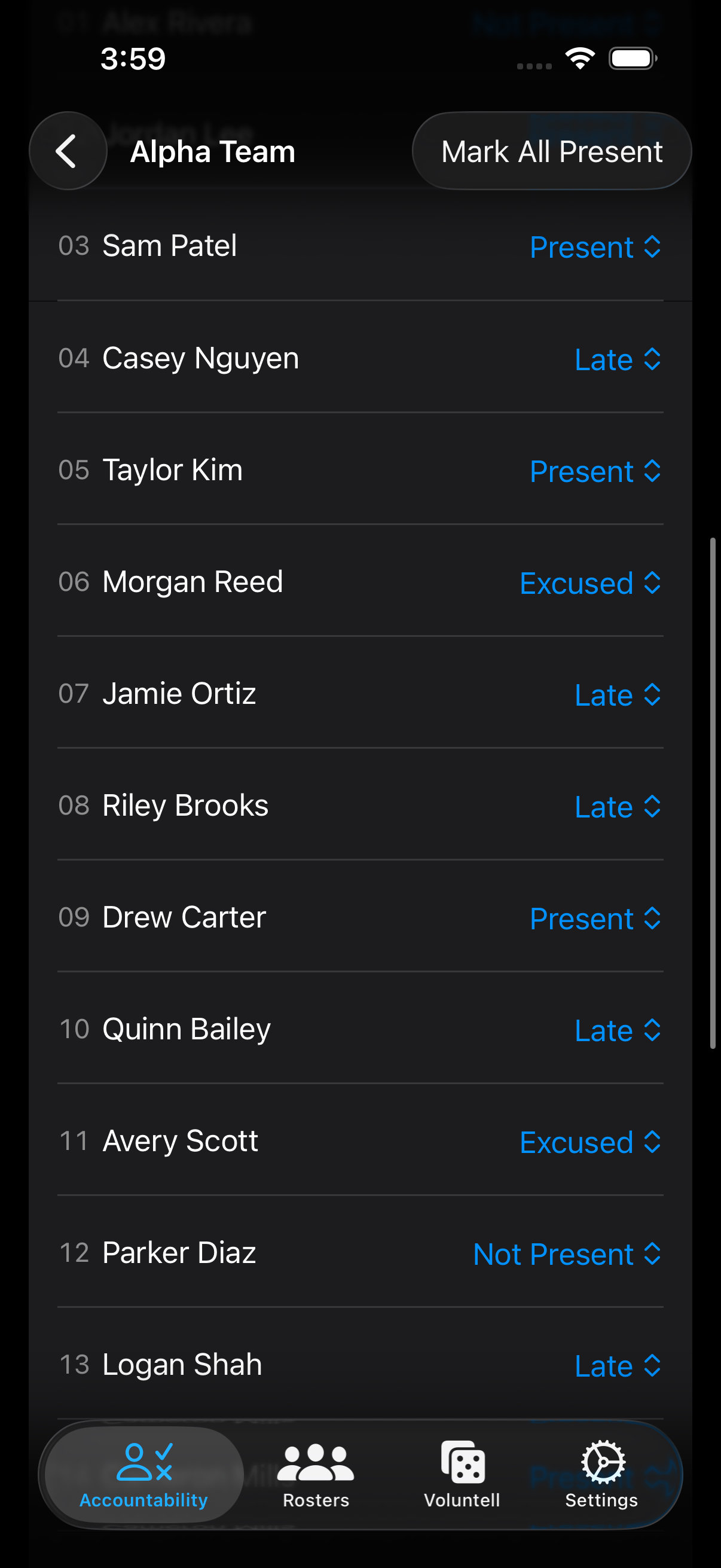 Session detail using dropdown attendance controls