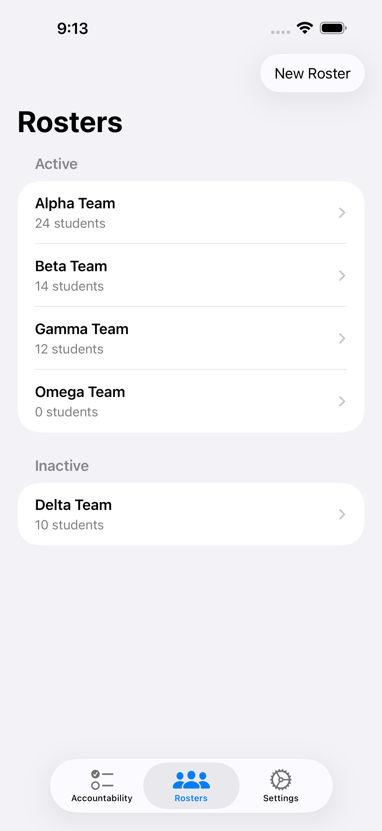 Roster management screen in the app