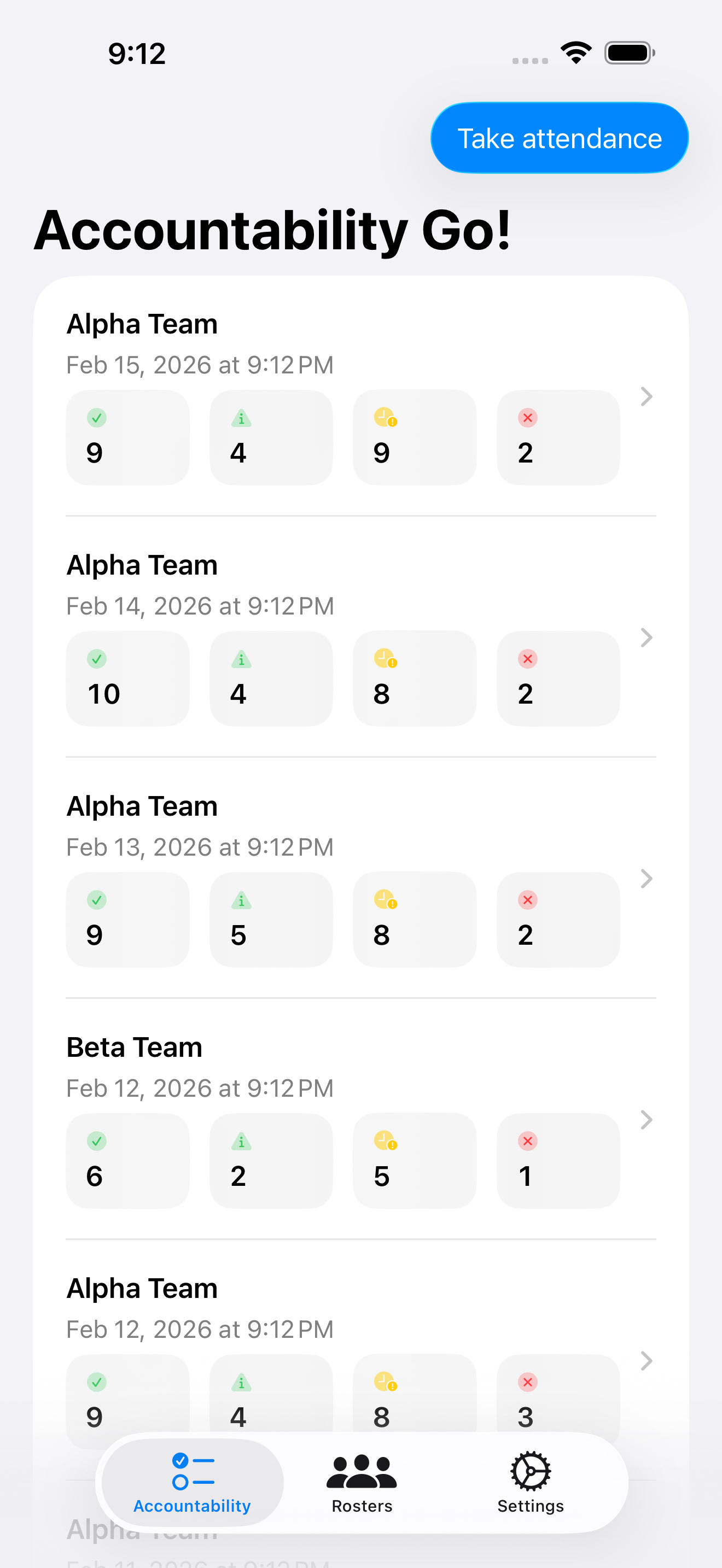 Accountability sessions list in the app
